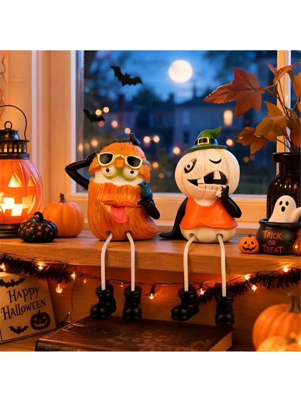 Set of 2 Shelf Sitter Figurine, Halloween Pumpkins with Dangling Legs